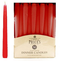 Price's Candles Tapered Dinner Candle Unwrapped 50 Pack - Red