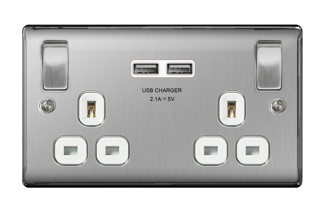BG 13a 2 Gang Switch Socket & USB - Brushed Steel With White Inserts