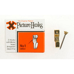 X Original Patent Steel Picture Hooks - Brass Plated (Box Pack) - No.1