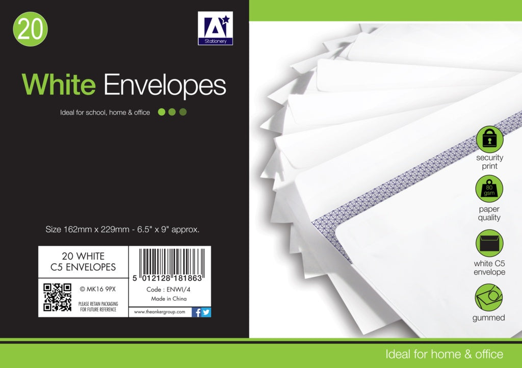 Anker White Gummed Envelopes Pack 25 - 162mm x 229mm