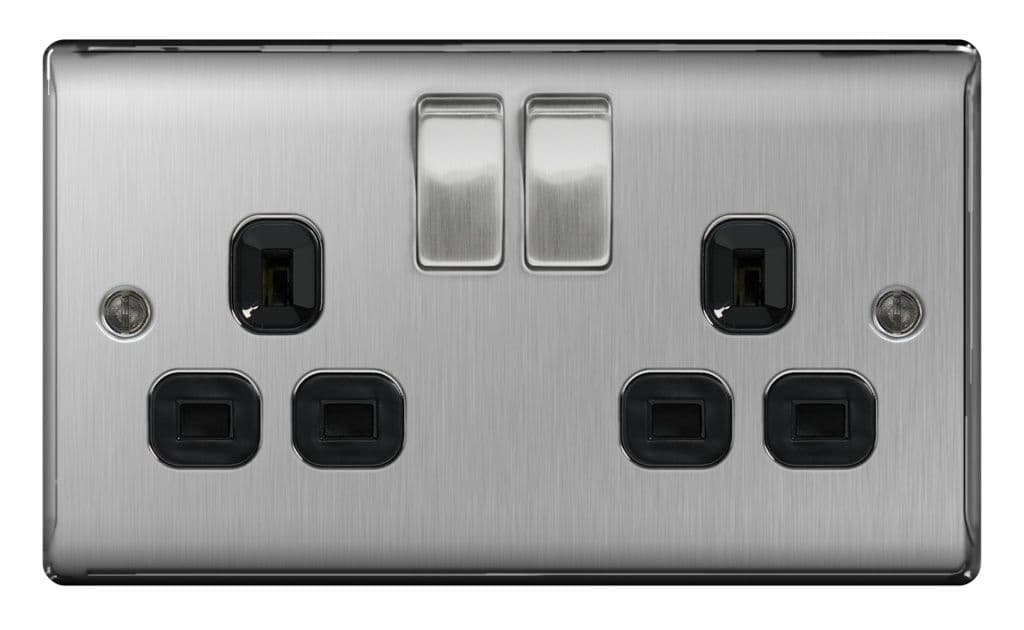 BG 13a 2 Gang Switch Socket - Brushed Steel With Black Inserts