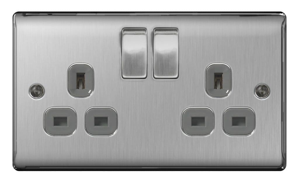BG 13a 2 Gang Switch Socket - Brushed Steel With Grey Inserts