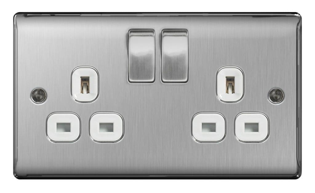 BG 13a 2 Gang Switch Socket - Brushed Steel With White Inserts