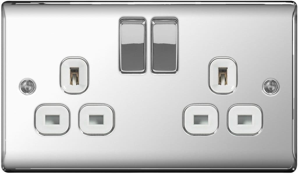BG 13a 2 Gang Switch Socket - Polished Chrome With White Inserts