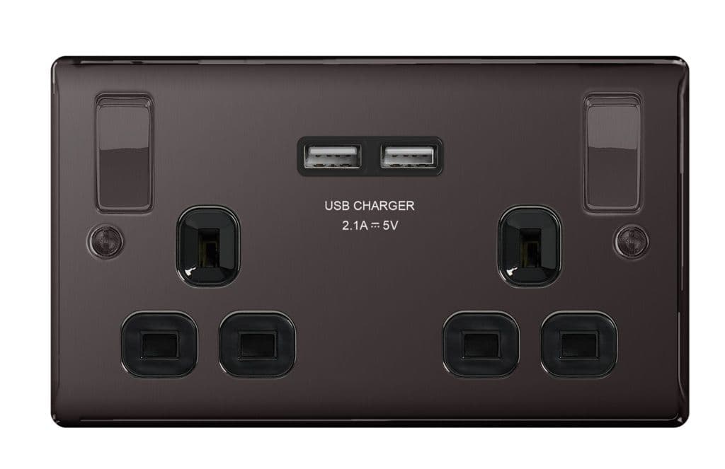 BG 13a 2 Gang Switch Socket & USB - Black Nickel With Black Inserts