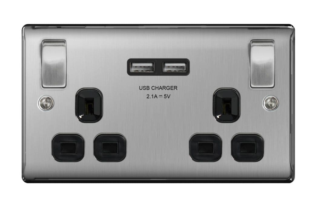 BG 13a 2 Gang Switch Socket & USB - Brushed Steel With Black Inserts