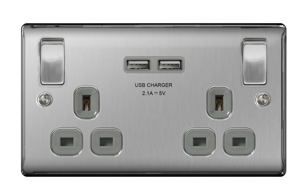 BG 13a 2 Gang Switch Socket & USB - Brushed Steel With Grey Inserts