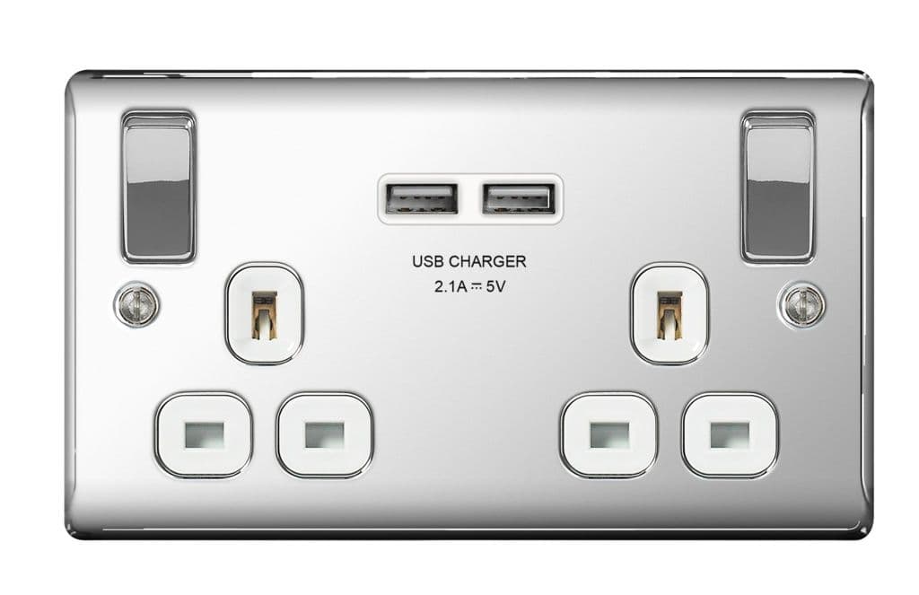 BG 13a 2 Gang Switch Socket & USB - Polished Chrome With White Inserts