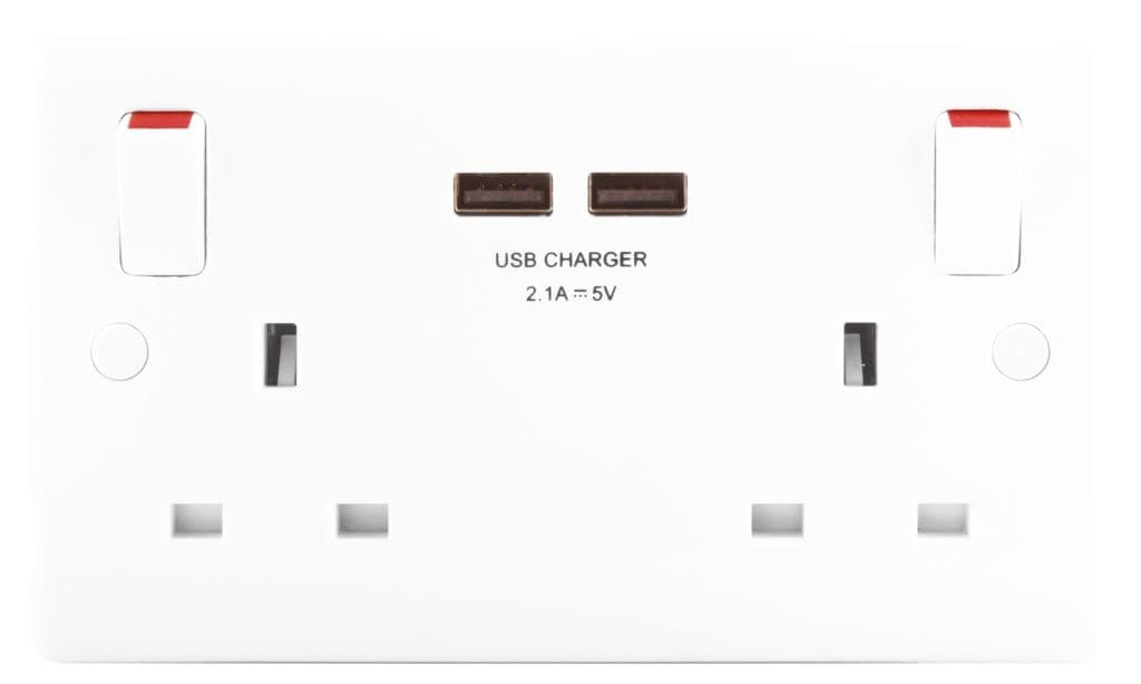 BG 2 Gang 13a Switched Socket With Outboard Rockers + 2 x USB (2.1A) - White