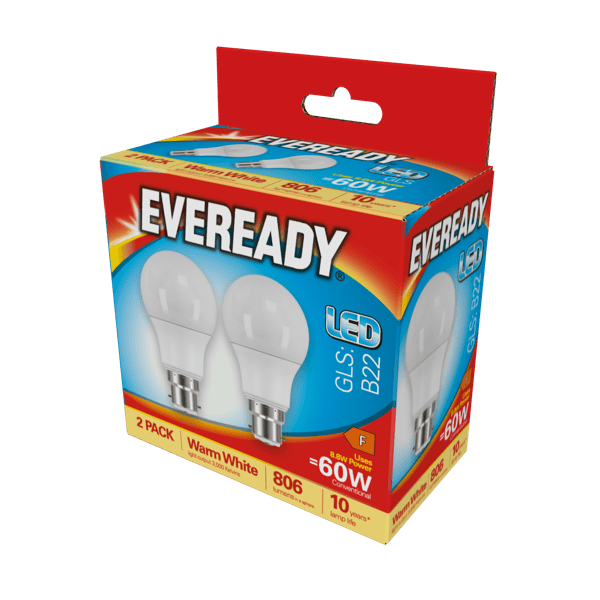 Eveready LED GLS BC B22 3000k Warm White Pack 2 - 8.8w