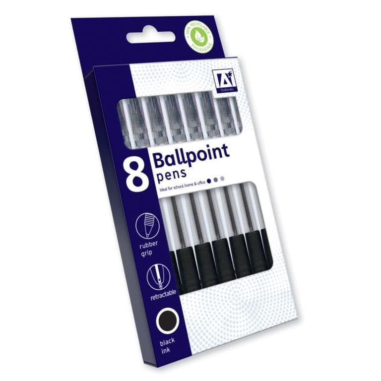 Ig Design Retractable Ballpoint Pens - Black Pack 8