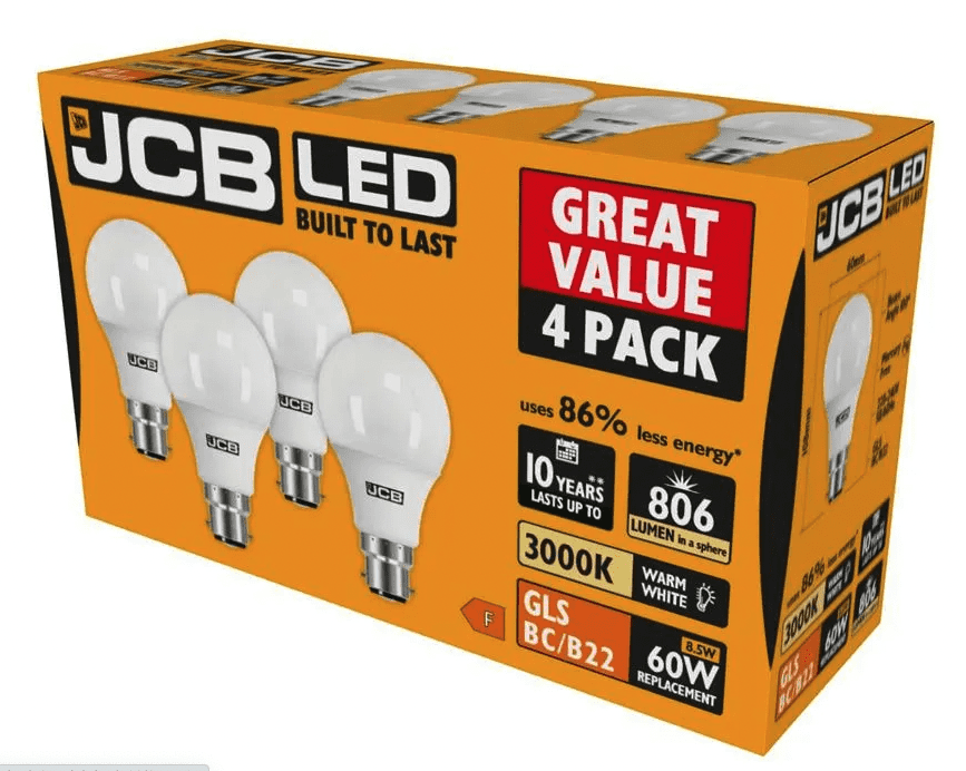 JCB GLS BC B22 3000k Warm White - 9w Pack 4