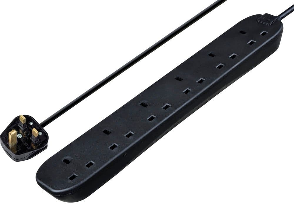 Masterplug 6 Gang Black Extension Lead With 2m Cable - 13amp