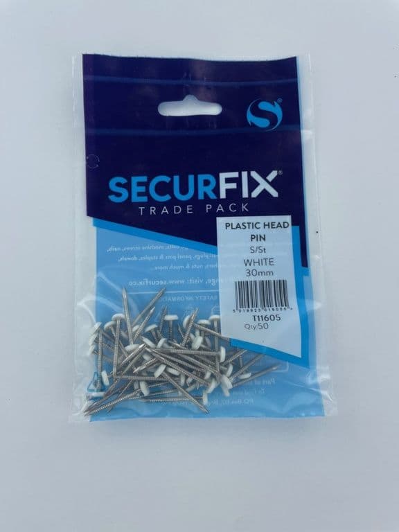 Securfix Stainless Steel Plastic Headed Pin White 30mm - 50 Pack