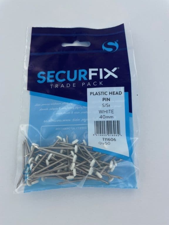 Securfix Stainless Steel Plastic Headed Pin White 40mm - 50 Pack