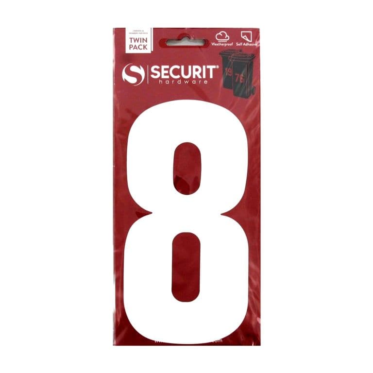 Securit White Self Adhesive Wheelie Bin Numbers Pack 2 - No 8 170mm