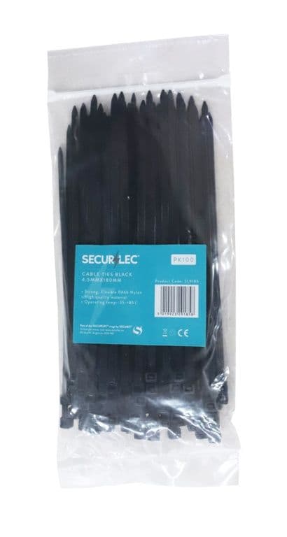 Securlec Black Cable Ties - 4.5mm x 180mm Pack 100