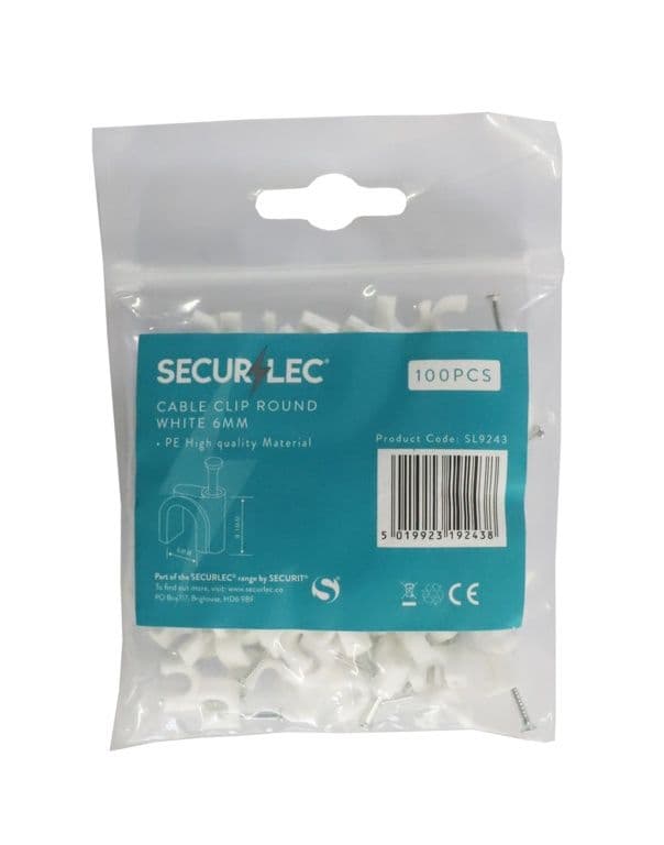 Securlec Cable Clips Round White - 6mm 100 Piece