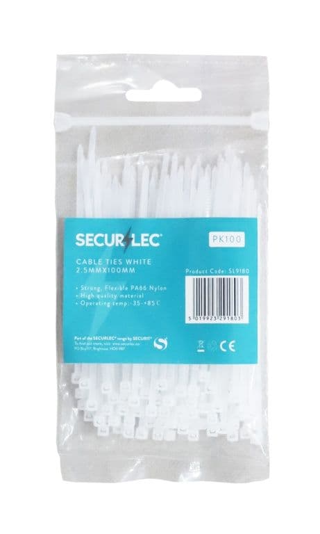 Securlec White Cable Ties - 3mm x 100mm Pack 100