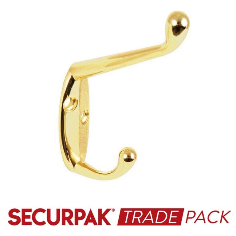 Securpak Hat & Coat Hook Brass Plated 105mm - 10 Pack