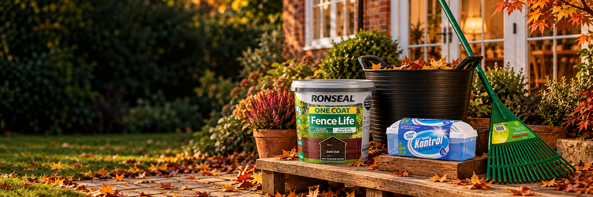 Autumn home and garden essentials with Ronseal Fence Life, a garden tub, a leaf rake and a Kontrol moisture trap.