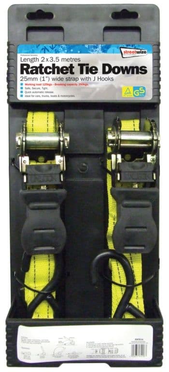 Streetwize Ratchet Tie Downs - 2 x 25mm x 3.5m