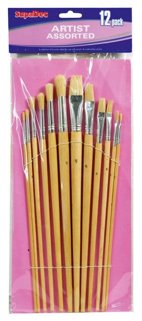 SupaDec Wooden Handle Artist Brush Set - 12 Piece