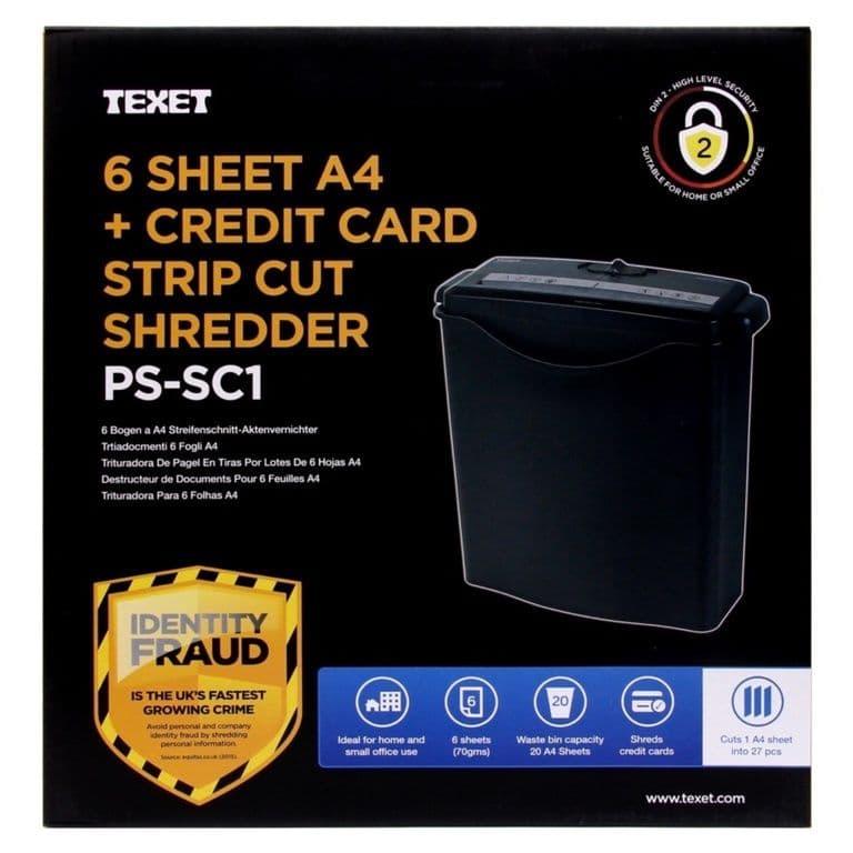 Texet 6 Sheet A4 & Credit Card Shredder - Strip Cut