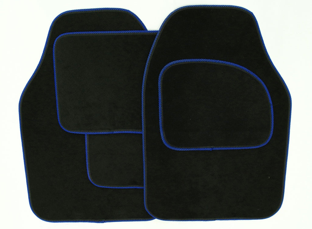 Streetwize Velour Carpet Mat Sets with Coloured Binding - 4 Piece - Black With Blue Piping