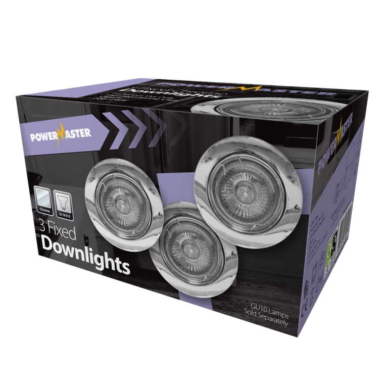 Powermaster 3 Pack Fixed GU10 Downlights - Chrome
