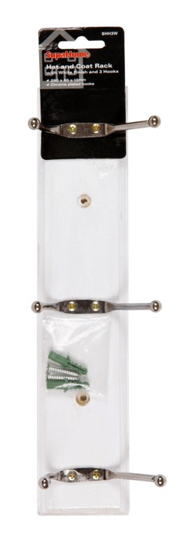 SupaHome Hat and Coat Rack with 3 Hooks - White Finish