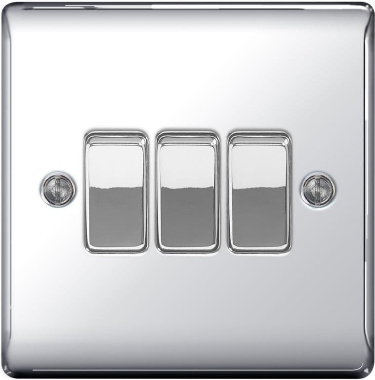 BG Metal Chrome 10ax Plate Switch 2 Way - 3 Gang