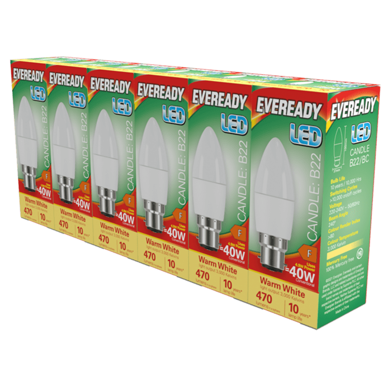 Eveready LED BC Candle B22 Pack 6 - 3000k/470lm