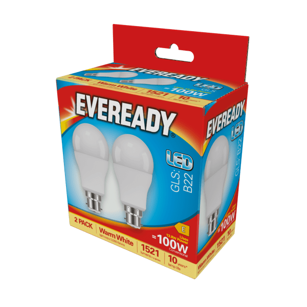 Eveready LED GLS BC B22 3000k Warm White Pack 2 - 1521lm
