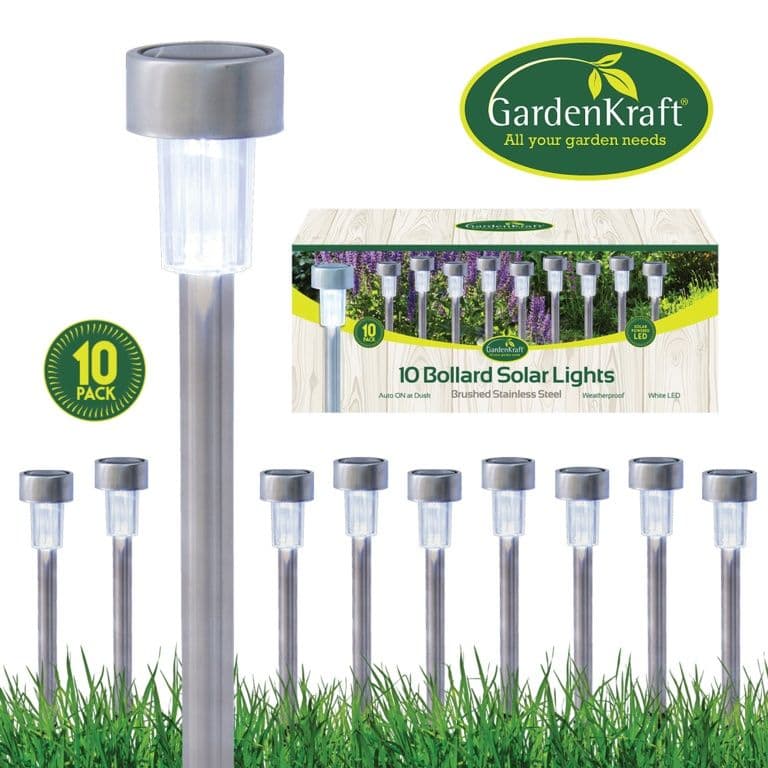 GardenKraft Stainless Steel Bollard Solar Lights - White Pack 10