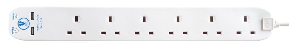 Masterplug 6 Gang Surge Extension Lead With 2 USBs - 2m