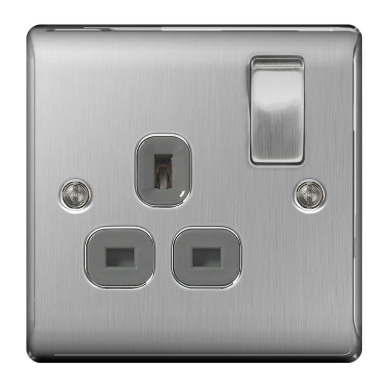 NEXUS Brushed Steel Switched Socket 13a Black Inset - 1 Gang