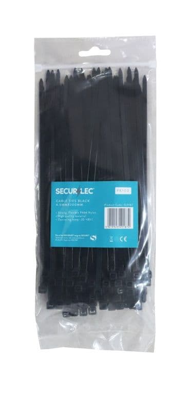 Securlec Black Cable Ties - 4.5mm x 200mm Pack 100