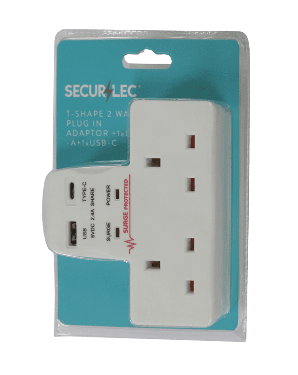Securlec T-Shape 2 Way Plug-In Adaptor 1 x USB-A, 1 x USB-C - 2100ma