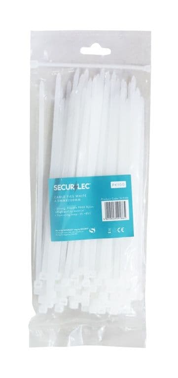 Securlec White Cable Ties - 4.5mm x 200mm Pack 100